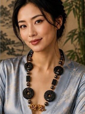 ARTISAN Onyx and Black Cinnabar Alma Museum Dragon Pendant Necklace